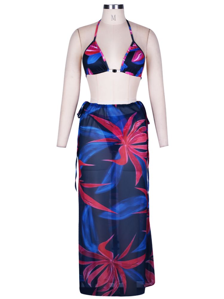 Summer Beach Dress Sets Floral Printed Three Piece Sets Sexy Bikini Sets and Slim Maxi Skirts Suits Women Club Partywear