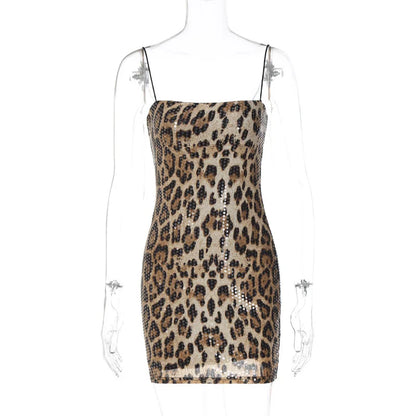 Spaghetti Strap Leopard Print Mini Dress For Women New Fashion Sleeveless Backless Skinny Night Club Party Sexy Dress