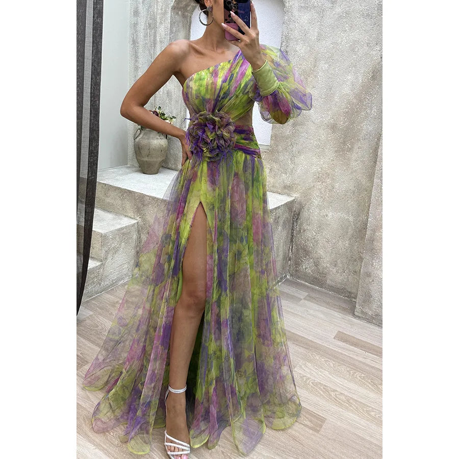 YESMYTOOL  -  Fashionable women's new single shoulder split print dress, sexy temperament, elegant and flowing long skirt