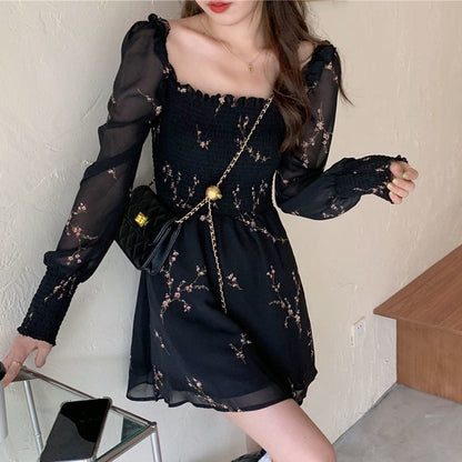 Spring Womens Sexy Black Dress Vintage Flower Long Puff Sleeve Chiffon Dresses Korean Casual Mini Vestidos Mujer Clothes