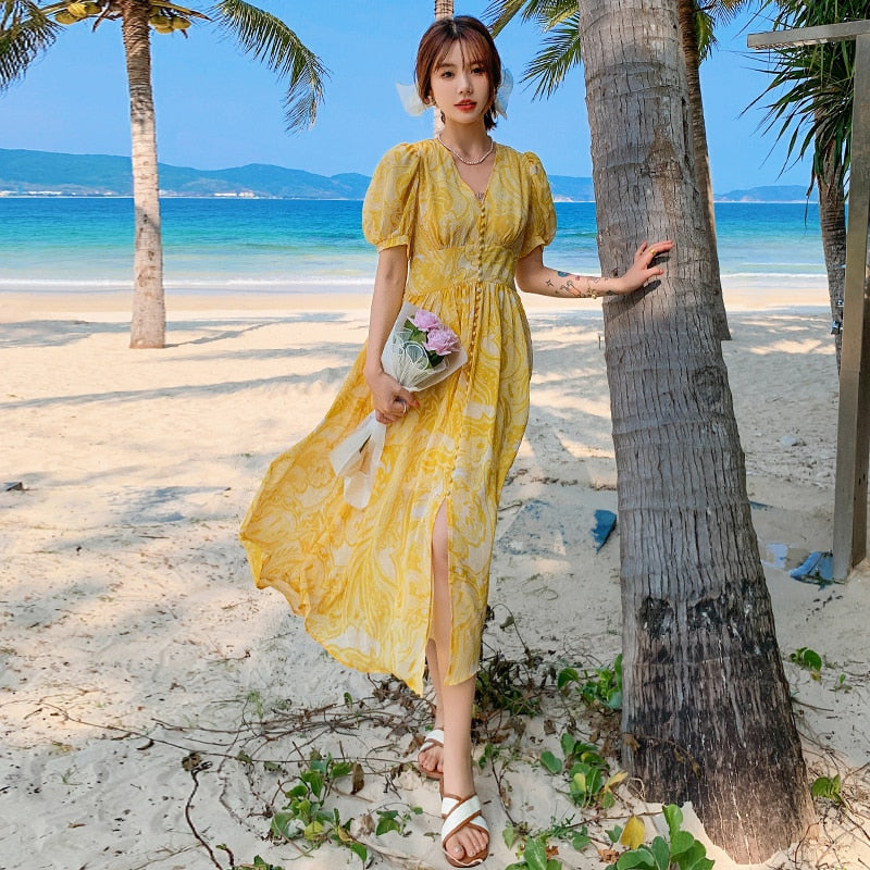 Summer Bohemian Yellow Women's Senior Sense Chiffon V-neck High Waist Thin Temperament Elegant Fashion Seaside Resort Long Dress