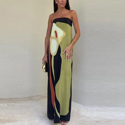 YESMYTOOL  -  Ladies Strapless High Waist Long Dress Club Party Pattern Printed Slim Summer Dress Elegant Off Shoulder Women's Evening Dresses