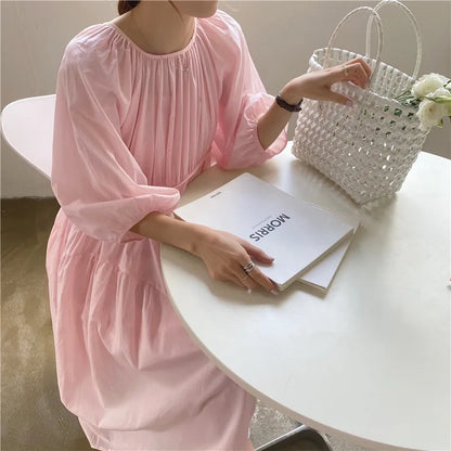 YESMYTOOL  -  Causal Puff Sleeve Cotton Dress Women Round Neck A-line Long Dresses Loose Birthday Party Dress Korean Fashion Beach Sundress