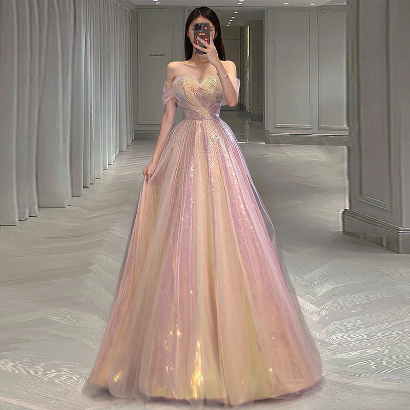 Bling Pink Elegant Sweet Evening Dresses Summer Boat Neck Slim Waist Mesh Design Tiered Prom Vestidos Wedding Party Dress