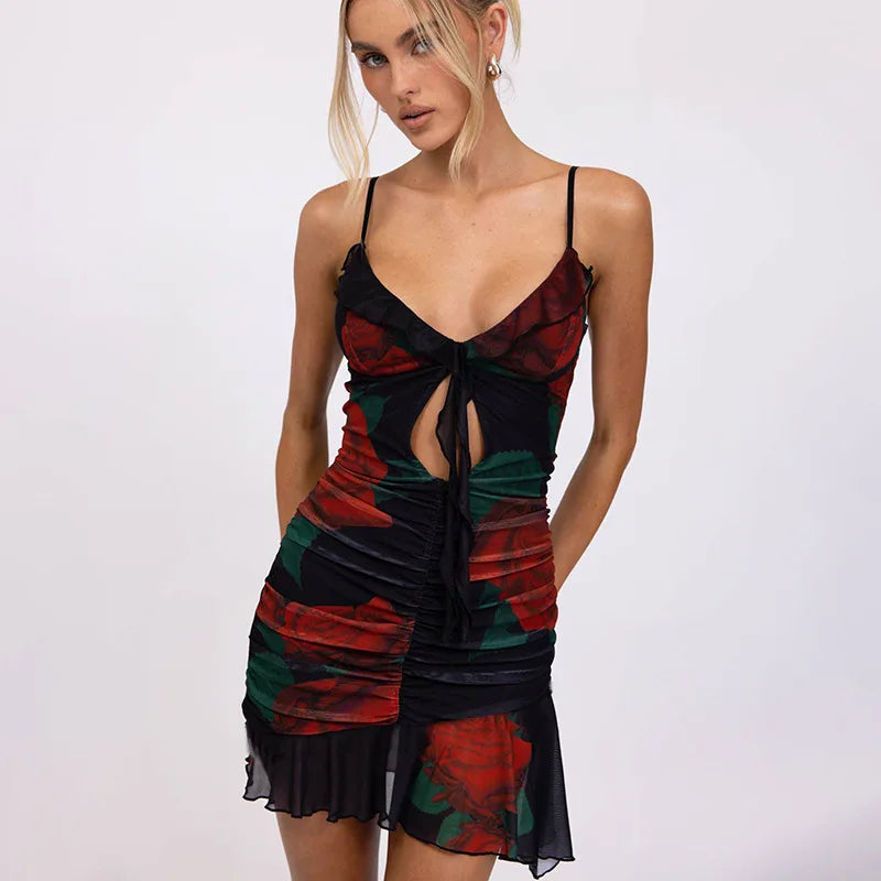 YESMYTOOL  -  Fashion Printed Mesh Ruffles Ruched Strap Mini Dress 2024 Summer Sleeveless Hollow Sexy Slim Fit Vestidos Beach Vacation Robe