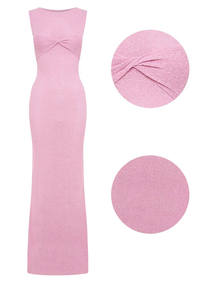 Summer Beach Knit Maxi Dress For Women Cover-Up Pink Sleeveless Twist Sundress Knitwear See-through Maxi Bodycon Dress New