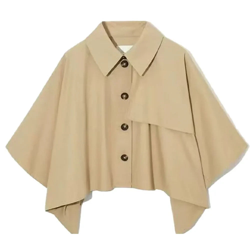 Women Summer New Fashion Standard Short Coat Vintage Lapel Button Accessories Chic Cape Coat Mujer