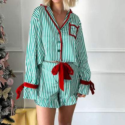 dingdamall  -  Women Christmas 2 Piece Pajama Set Bowknot Striped Print Long Sleeve Button Down Shirt Tops Elastic Shorts Holiday Sleepwear