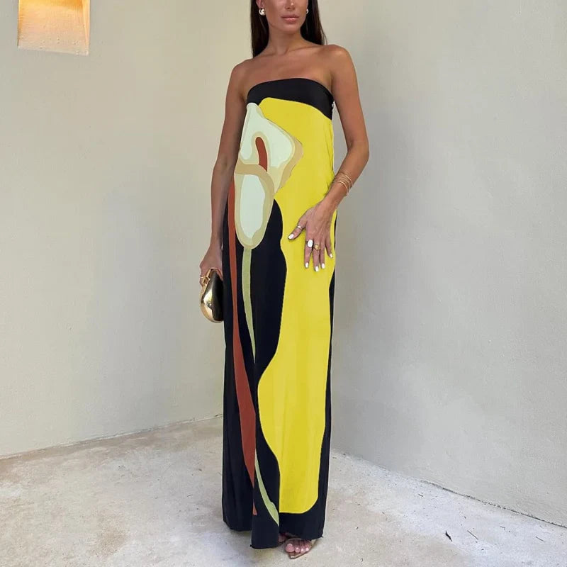 YESMYTOOL  -  Ladies Strapless High Waist Long Dress Club Party Pattern Printed Slim Summer Dress Elegant Off Shoulder Women's Evening Dresses