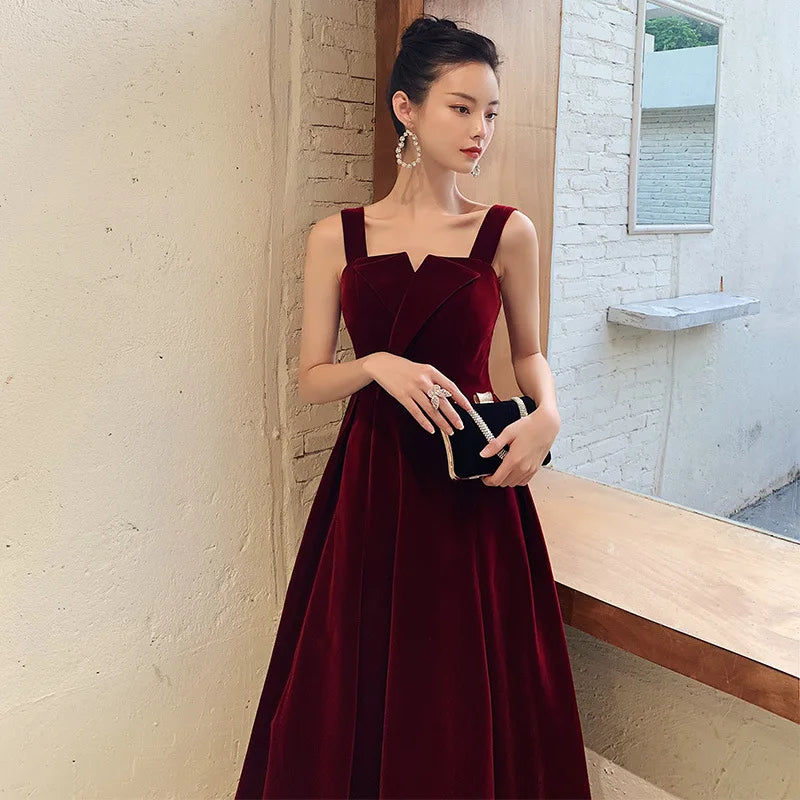 YESAMYTOOL  -  Burgundy Velvet Evening Dress Elegant Spaghetti Strap Ruched Engagement Gown Sexy Backless Zip Simple Ankle-Length Party Vesidos