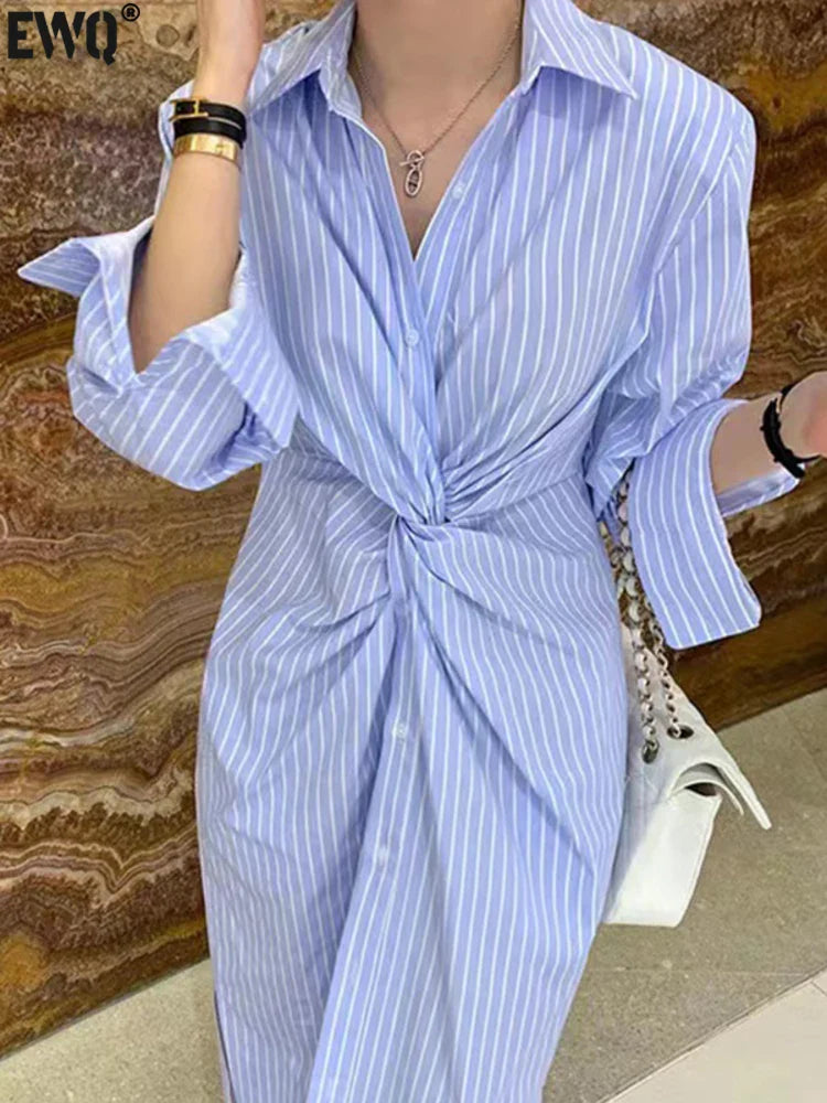 YESMYTOOL  -  Women Contrast Stripe Button Cross Shirt Dress Single Breasted Elegant Female Fashion Long Sleeve Dresses 2024 Spring New