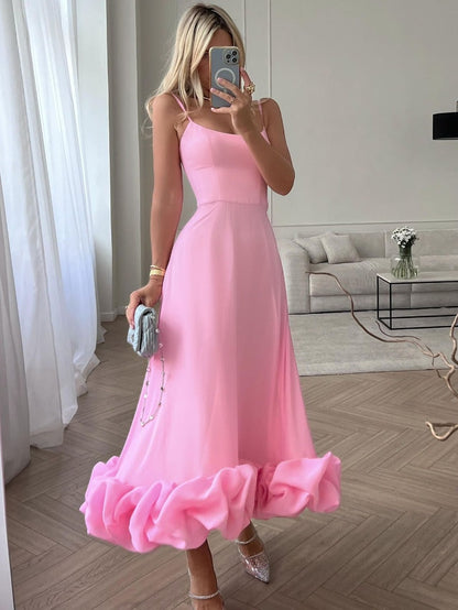 Women Spaghetti Strap A-line Ruffles Pink Evening Dresses Elegant Sweet Sleeveless Backless Zip-up Green Party Prom Dress