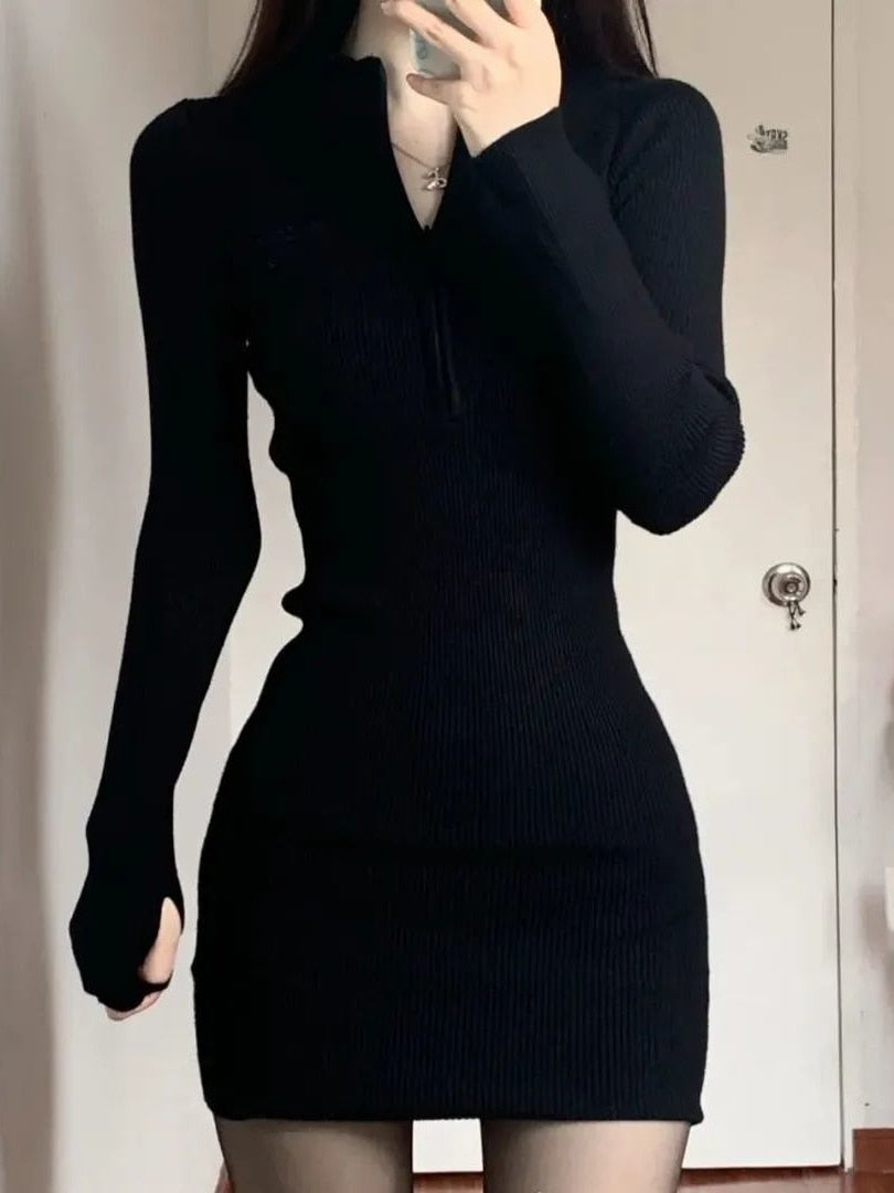 Black Bodycon Knitted Dress Women Sexy Wrap Slim Short Dresses  Autumn Fall Solid Outfits Robes Femlae