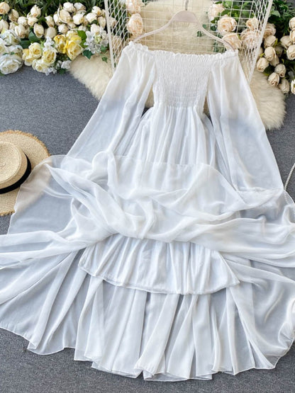 Spring Autumn Women Elegant Holiday Dresses Puff Sleeve Slash Neck Off Shoulder Smocked White Chiffon Dresses