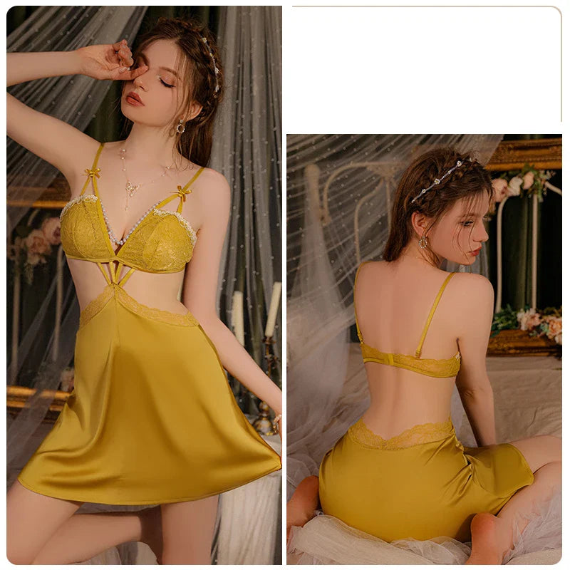 YESMYTOOL  -  Sexy Lingerie Satin Lace V-neck Women's Pajamas With Chest Pad Nightdress Robe Sleepwear Homewear Set Erotic Wedding Nightgowns