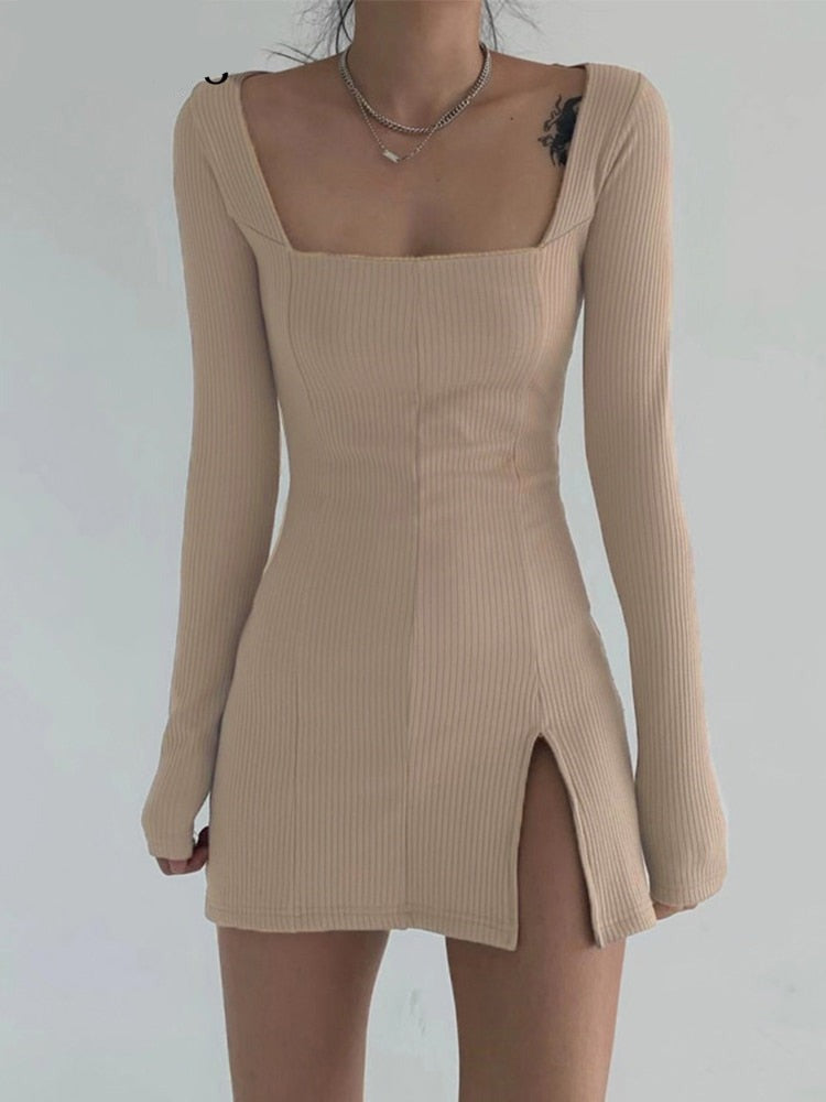 Elegant Square Neck Ribbed Black Dress Female Knitted Side Split Bodycon Dress Long Sleeve Fashion Mini Dresses Basic