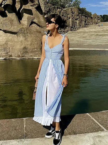 YESMYTOOL  -  Single Breasted Plaid Blue Summer Women Dress Spaghetti Strap Midi Casual Female Vestidos 2024 Cotton Slip Dress New