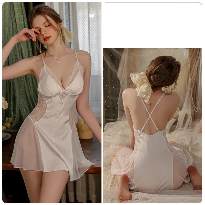 YESMYTOOL  -  Elegant Sexy Pajamas Women Sleepwear Night Gown Robe Set Ice Silk Sling Nightdress Lingerie Female Homewear Bathrobe Babydoll