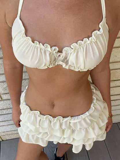 Sexy Ruffles Skirt 2 Piece Set Women Summer Cropped Camisole Tank Pleated Skirts Beach Vacation All Matching Lady Clubwear