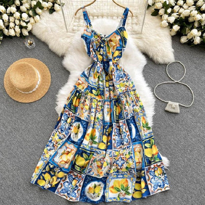 Summer dress women Fashion Runway Long Dresses Vacation Elegant sexy Strap Lemon print runway women dress