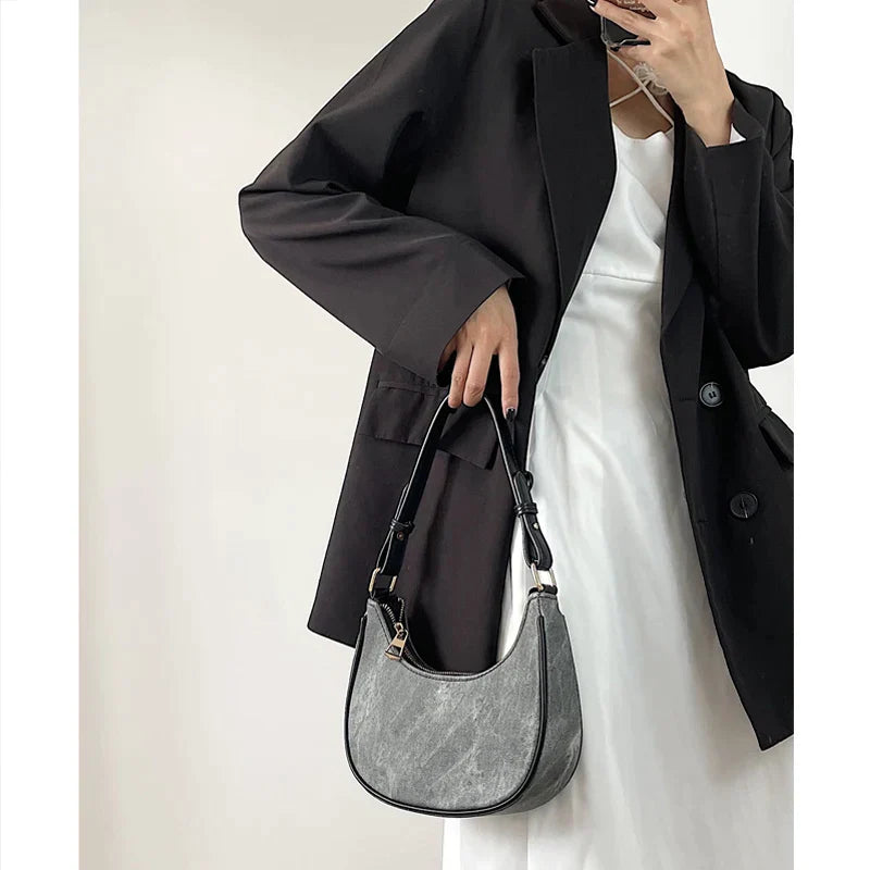 Casual Women Half Moon Underarm Bags Gray PU Leather Hobos Shoulder Bag for Female All Match Ladies Crossbody Bag Purse Handbags