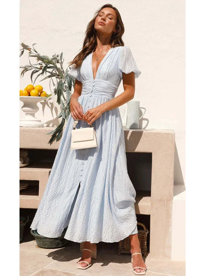 YESMYTOOL  -  V-neck Yellow Puff Sleeve Split Solid Summer Women Dress 2024 A-line Maxi Long Sundress Vestido Button Beach Dress Party