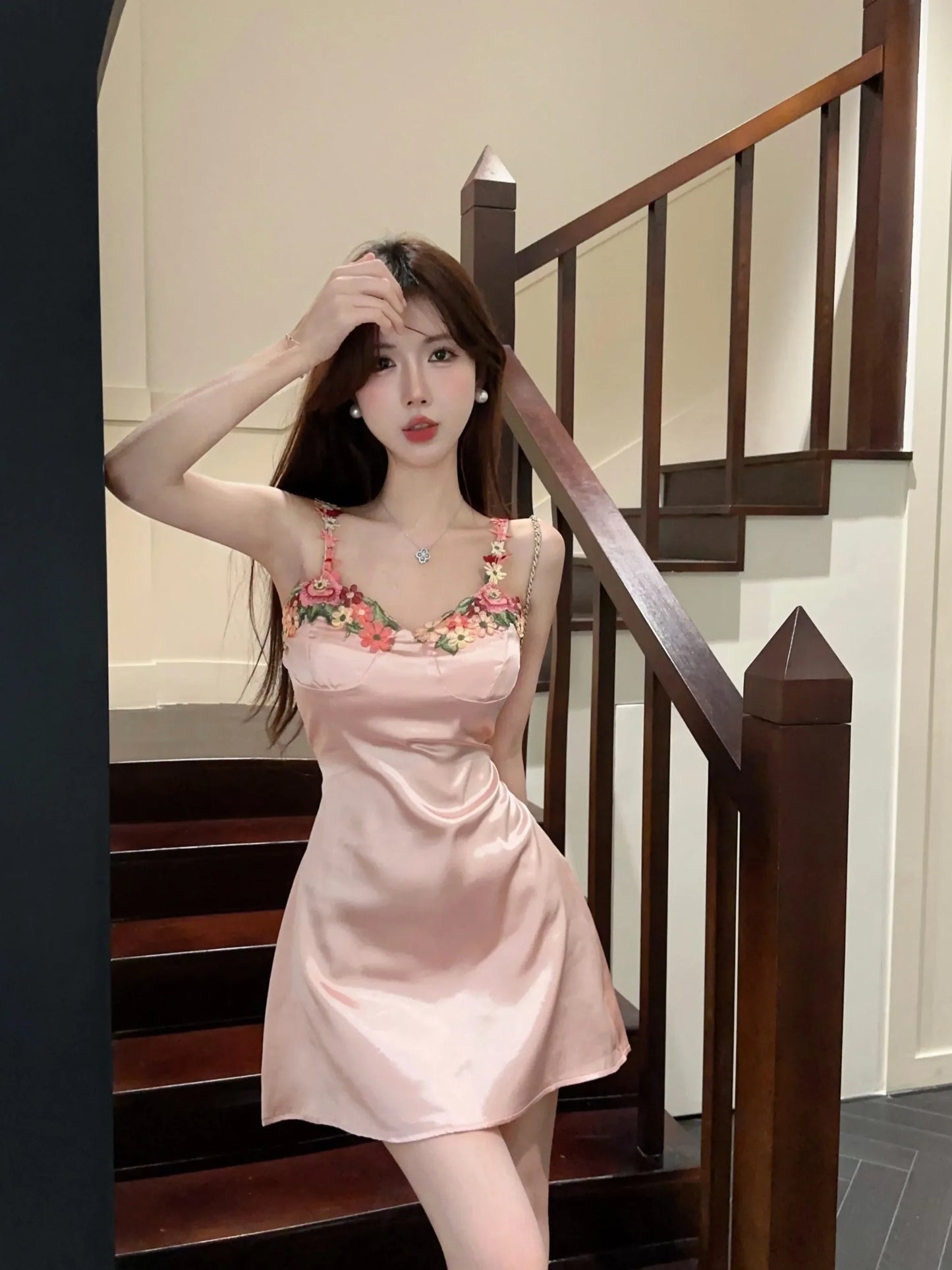 YESMYTOL  -  Mesh Three-dimensional Flower Halter Slim Pink Holiday Style Sexy Pure Desire Dress Woman Chinese Traditional Style