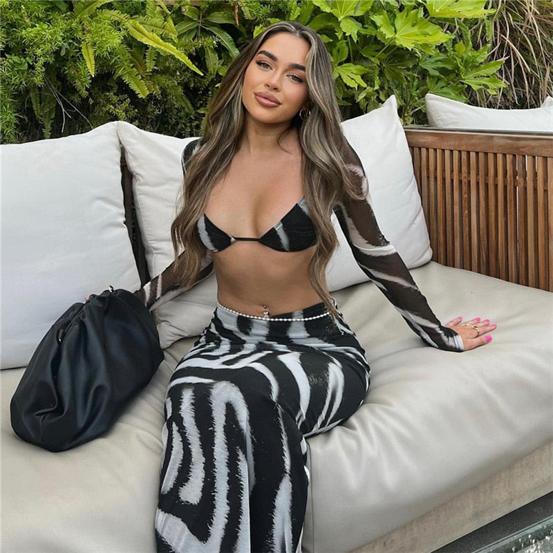 Women Skirts Sets Elegant Sexy Zebra Print Two Piece Sets Party Outfits Summer Long Sleeve T-shirts and Maxi Skirts Suits