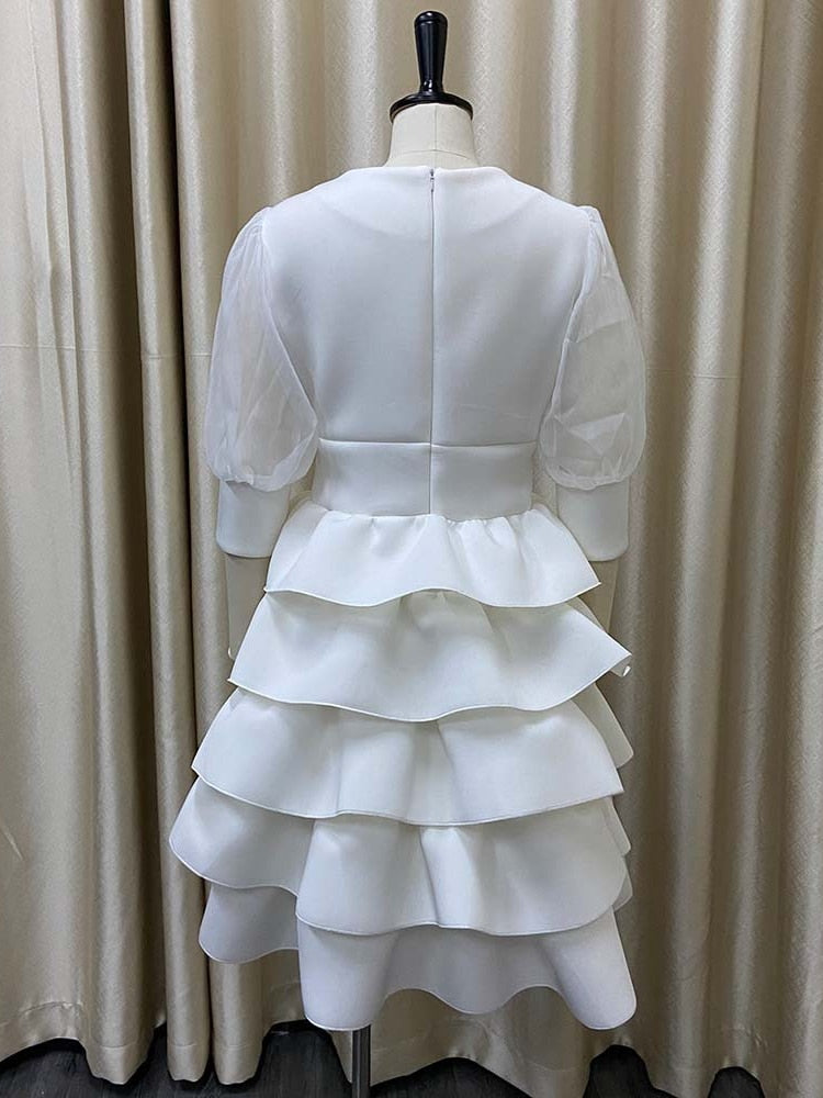 Women White Cake Dresses  Bubble Lantern Sleeves Patchwork Party Fashion Lovely Celebrate Occasion Event Lolita Female Robes New dingdamall mid size graduation outfit romantic style teen swag clean girl ideas 90s latina aesthetic