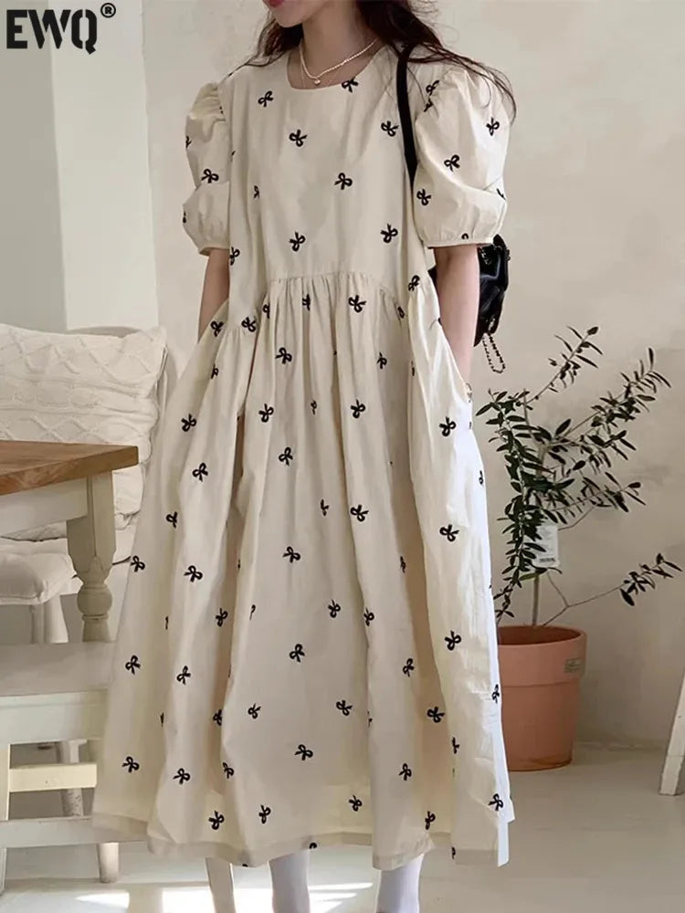 YESMYTOOL  -  Korean Chic Round Neck Loose Casual Embroidered Bow Print Bubble Sleeve Long Dress For Women 2024 Spring Summer 16U9283