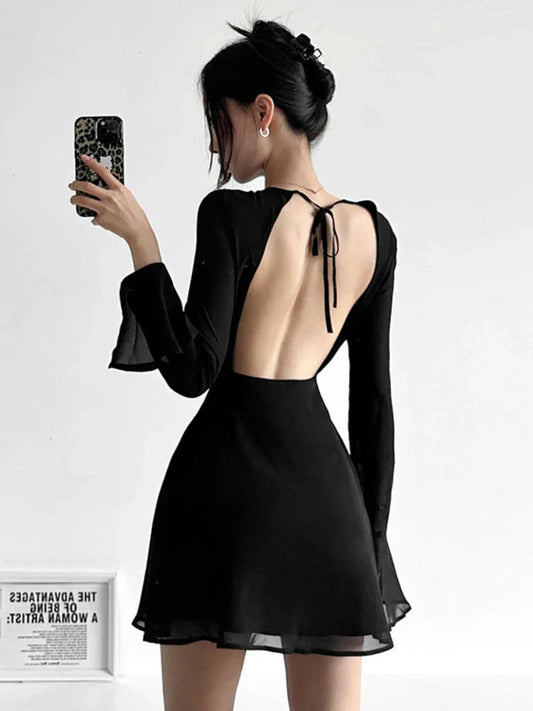 Backless Black Dress Women Elegant Back Hollow Out Lace-up Long Sleeve Mesh Sheer Sexy A-line Mini Dress Evening Party