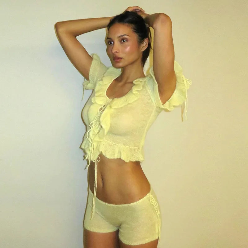 dingdamall  -  Soild Knitted Two Piece Set Women 2024 Summer Ruffles Lace Up  Square Neck Short Sleeve Shirts Crop Top Shorts Streetwear