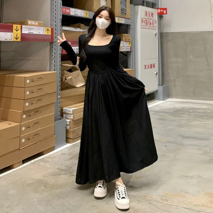 Spring New Hepburn Style Gentle Temperament Pocket Waist Slim Panel Large Hemline Long Sleeve Dress