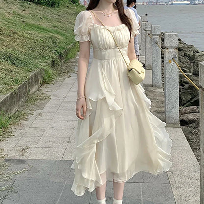 Women's Summer Dress Chiffon Fairy Solid Chic Party Midi Dress  New Korean White Elegant High Waist Slim Long Skirt Y2k