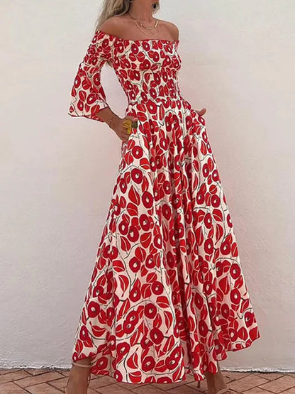 YESMYTOOL  -  Women Spring Summer Three Quarter Flare Sleeve Maxi Dress, Fashion Floral Printing Party Dress, Slash Neck Backless Ladies Dress