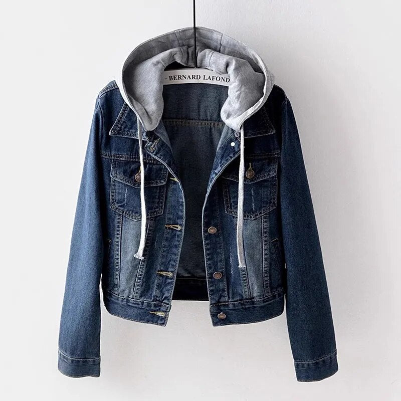 Blue Denim Coat Women Hooded Turn-down Collar Denim Jacket Women Slim Button Jacket Patchwork Outwear Jean Coat Female