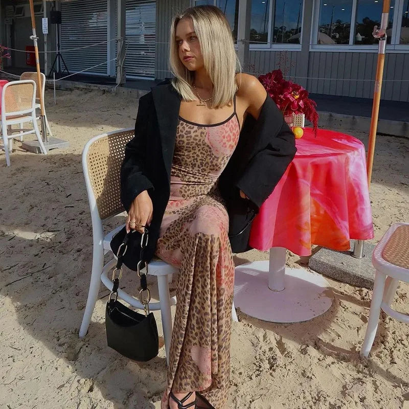 YESMYTOOL  -  Leopard Print Spaghetti Strap Long Dress Woman Summer Sexy Vintage Backless Splits Slim Fit Vestidos Party Vacation Beach Robe