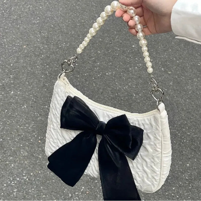 Vintage Bowknot Women Underarm Bags Faux Pearl Chain Ladies Shoulder Crossbody Bag Female Soft Nylon Purse Small Tote Handbags