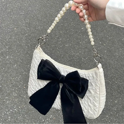 Vintage Bowknot Women Underarm Bags Faux Pearl Chain Ladies Shoulder Crossbody Bag Female Soft Nylon Purse Small Tote Handbags