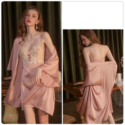 YESMYTOOL  -  Sweet Women Pajamas Bathrobe Backless Suspender Nightdress Sexy V Neck Lace Silk Nightgown Robe Set Temptation Female Homewear