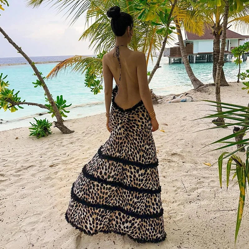 YESMYTOOL  -  Sexy Leopard Printed Hollow Lace Halter Maxi Dress 2024 Summer Fashion Backless Lace-Up Robe Beach Vacation Party Outfits