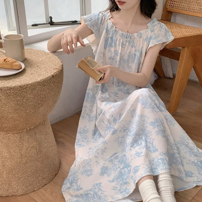 YESMYTOOL  -  Causal Pure Cotton Maxi Dress With Bra Pad Puff Sleeve Flora Print Loose Vestidos Women Chic Summer Holiday Sundress Robe Girls