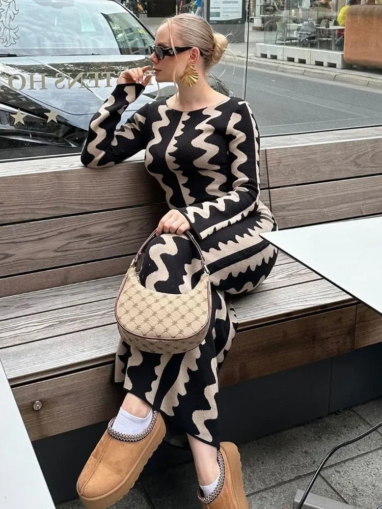 Striped Contrast Color Knit Maxi Bodycon Dress Boho High Waisted Hollow Out Slim Dresses Women Holiday Dresses Vestidos