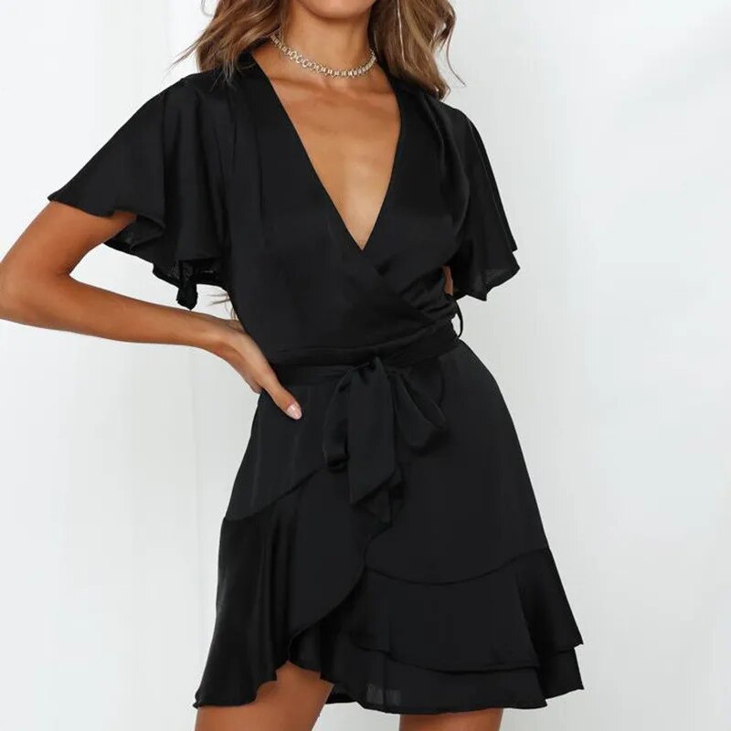 Summer V-Neck Ruffle Women Dress Belt Wrap Print Mini Dress Sexy A-Line Dress Casual Beach Sundress Sweet Elegant Short Dress