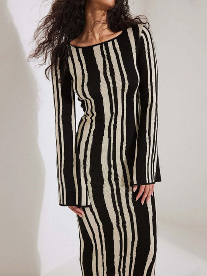 Spring Women Striped Knitted Maxi Dress Elegant O-neck Flare Long Sleeve Bodycon Dress Ladies Streetwear Party Dresses