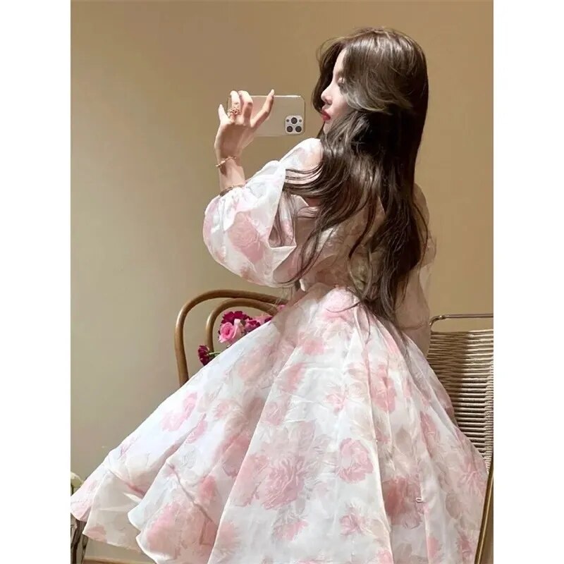 Women's Bubble Sleeves Pink Formal Occasion Evening Dress Elegant and Beautiful Retro Fragmented Flowers Sweet Mid Length Dress