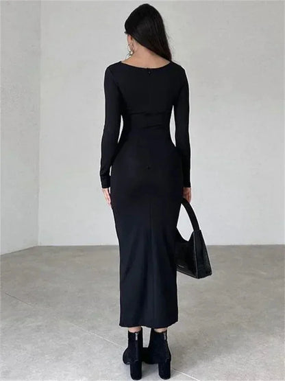 Fashion Pleated Autumn Dress Patchwork Elegant Women Long Sleeve Solid Vestidos Slim High Waist Bodycon Maxi Dress