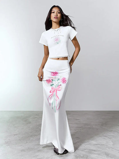 YESMYTOOL  -  Casual Printed Floral Women Skirt White High Waist Long Skirt Female Summer Skinny Vacation Elegant Party Beachwear 2024