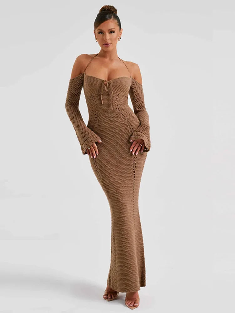 Hollow Out Backless Knitted Sexy Maxi Dress For Women Autumn New Off-shoulder Strapless Bodycon Long Dress Elegant