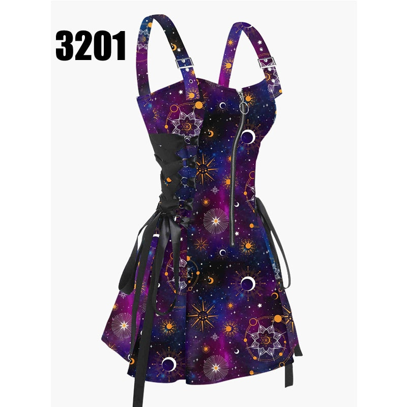 Celestial Sun Moon Print Lace Up Mini Dress Summer Gothic Women Square Neck Witchcore Vestidos